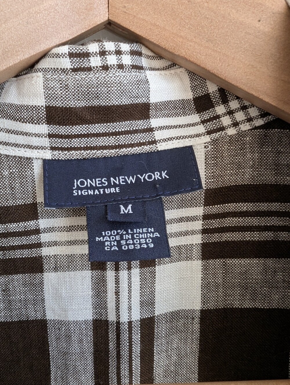 Jones New York 100% Linen Chocolate Brown Cream Plaid Sleeveless Button Down M - Picture 2 of 15
